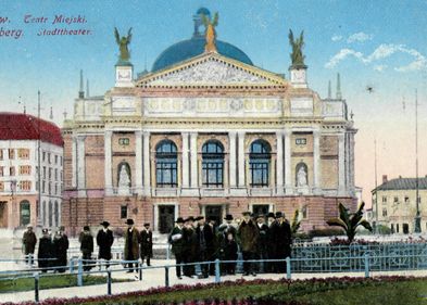 Illustration: Theatre Lemberg / L'viv around 1900. Historical postcard.