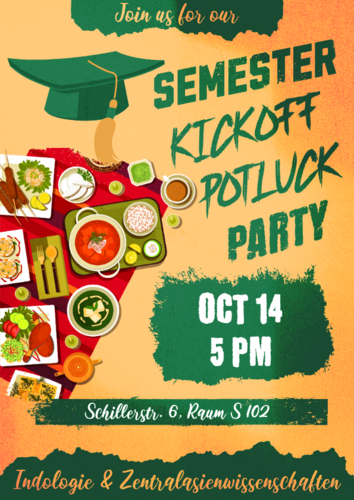 The announcement poster for the semester start party 2024 is kept in the colors of India, i.e. green and orange, and shows some Indian food specialties as well as the details of the celebration.