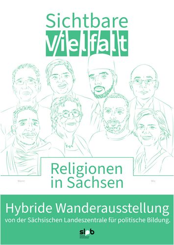 Farbbild: Plakat der Wanderausstellung "Sichtbare Vielfalt: Religionen in Sachsen", abstrahiert gezeichnete Gruppe von Menschen, Schriftzug mit Ausstellungstitel