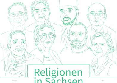 Farbbild: Plakat der Wanderausstellung "Sichtbare Vielfalt: Religionen in Sachsen", abstrahiert gezeichnete Gruppe von Menschen, Schriftzug mit Ausstellungstitel