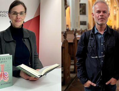 Linkes Bild: Julia Schmidt-Funke, Professorin für Geschichte der Frühen Neuzeit an der Universität Leipzig, blättert in Tore Renbergs Roman "Die Lungenschwimmprobe". Rechtes Bild: Autor Tore Renberg steht in der Leipziger Thomaskirche.