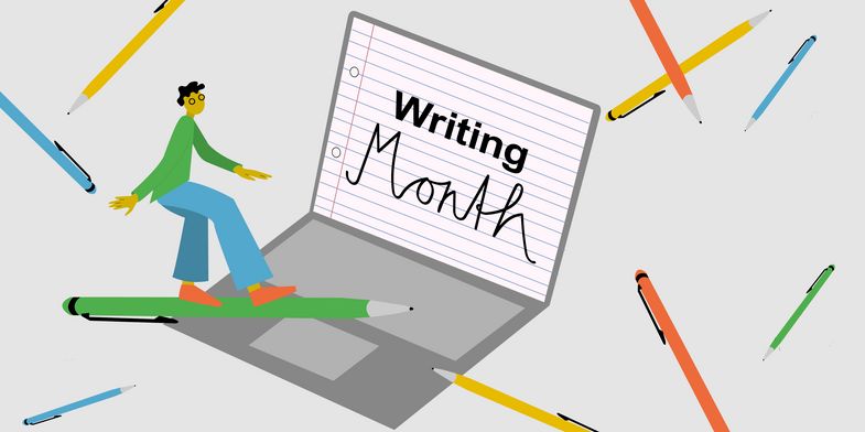 Person surft auf einem, auf dem Laptop neben ihr steht "Writing Month" geschrieben