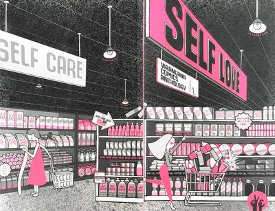 Das Bild zeigt eine künstlerische Darstellung eines Supermarkts, der sich auf die Themen "Self Care" (Selbstfürsorge) und "Self Love" (Selbstliebe) konzentriert. Das Bild ist in einer begrenzten Farbpalette aus Schwarz, Weiß, Pink und Grau gehalten.